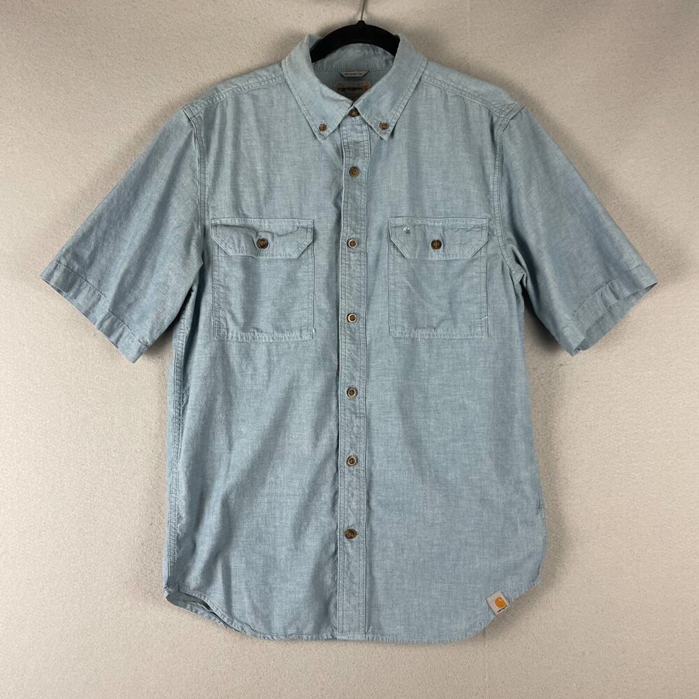 Carhartt Chambray Shirt Men Medium Blue Relaxed Fit Short Sleeve Work S200 CBL